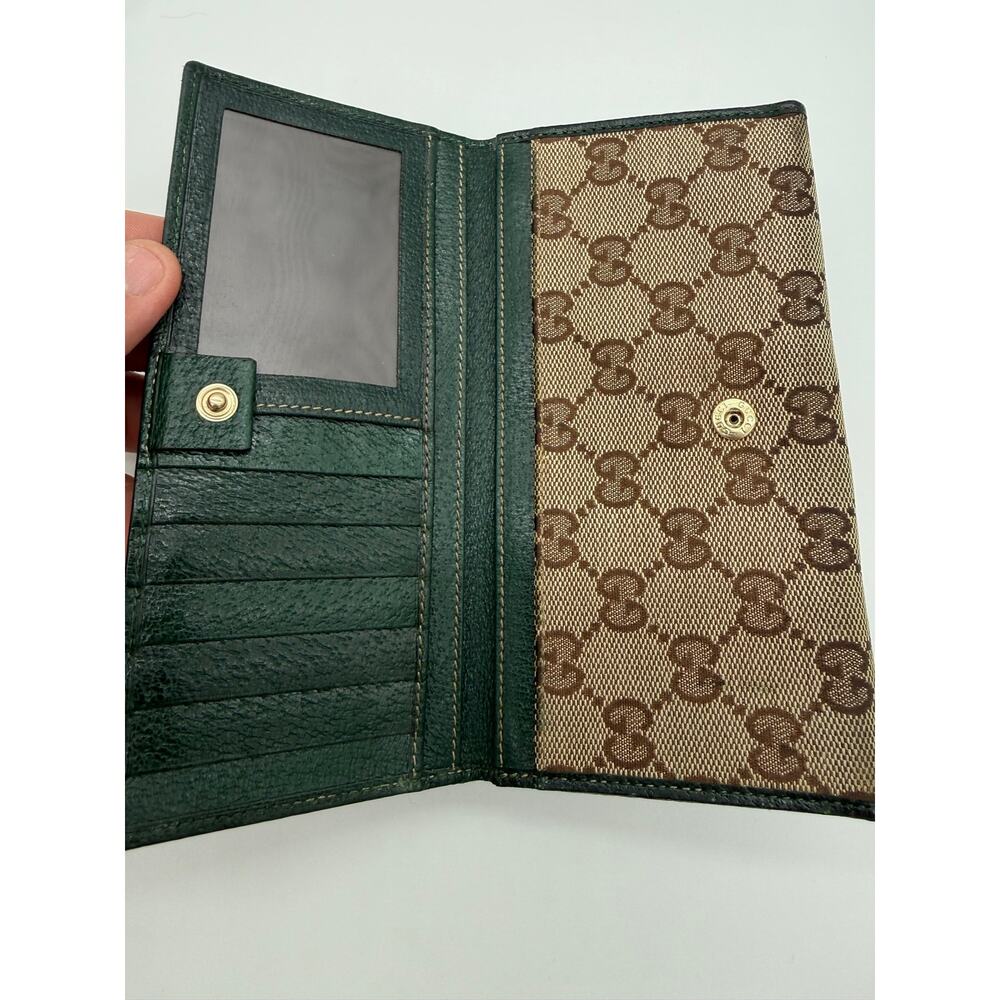 Vintage Gucci GG Canvas W Flap Continental Wallet Forest Green Leather Metal Bar - Picture 5 of 14